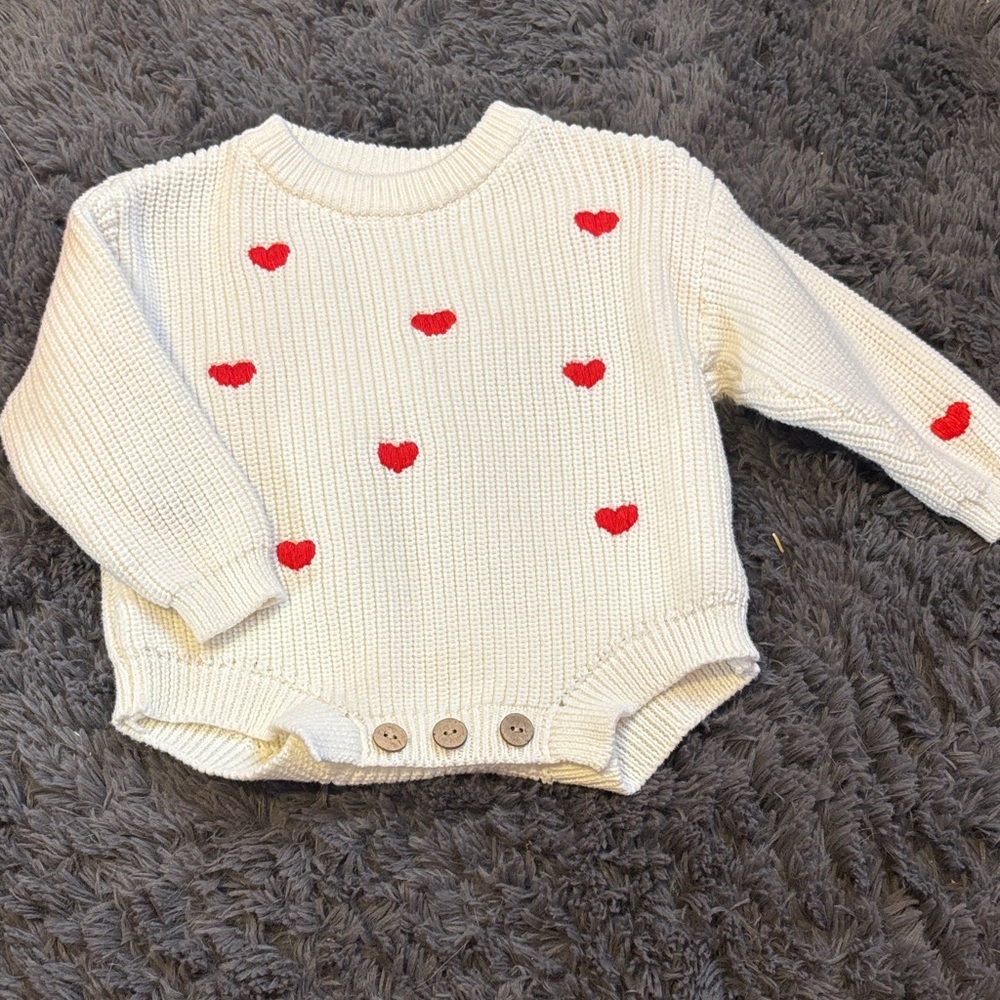 Charming Cream Knit Sweater with Red Heart Details